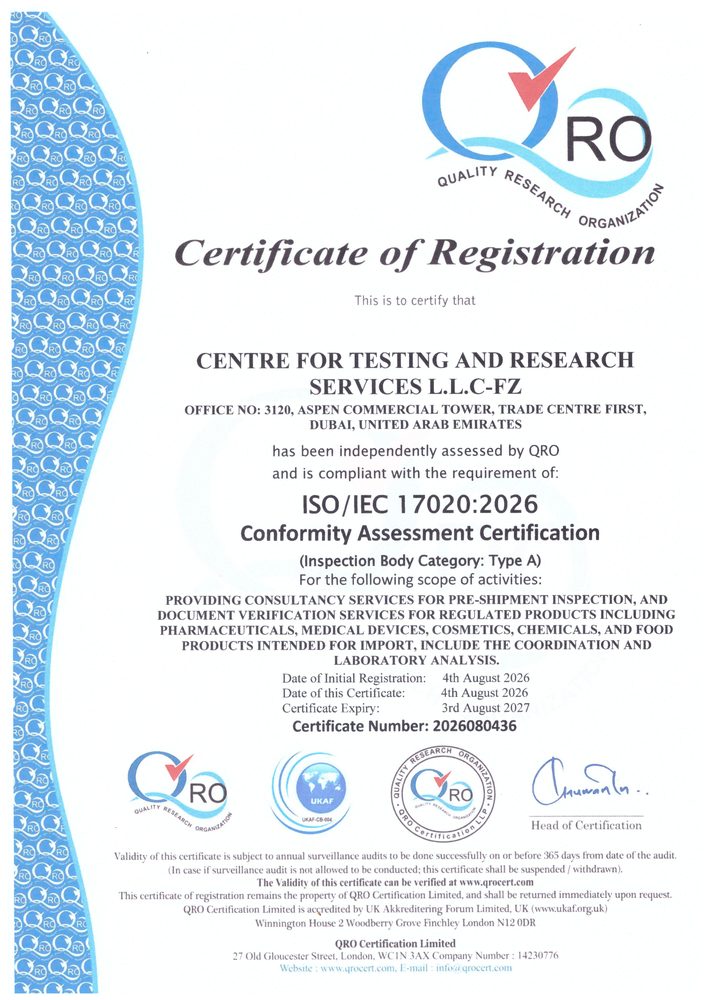 Page one of the CTRS ISO/IEC 17020:2026 conformity assessment certificate