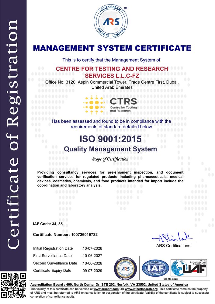 Page one of the CTRS ISO 9001:2015 management system certificate